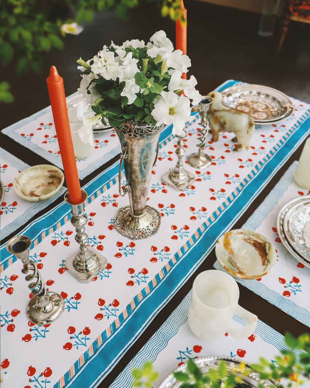 Calico pomegranate runner and mats